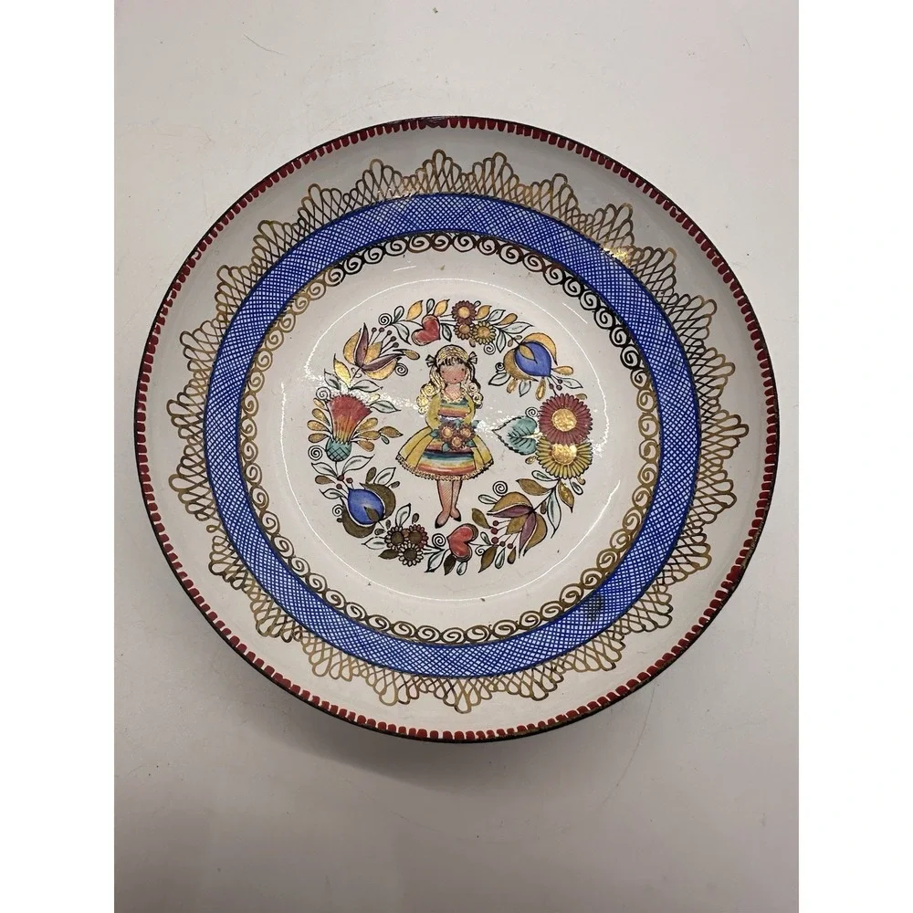 Hand Painted Austrian Folk Art‎ Bowl Girl Floral Design Austria Vintage